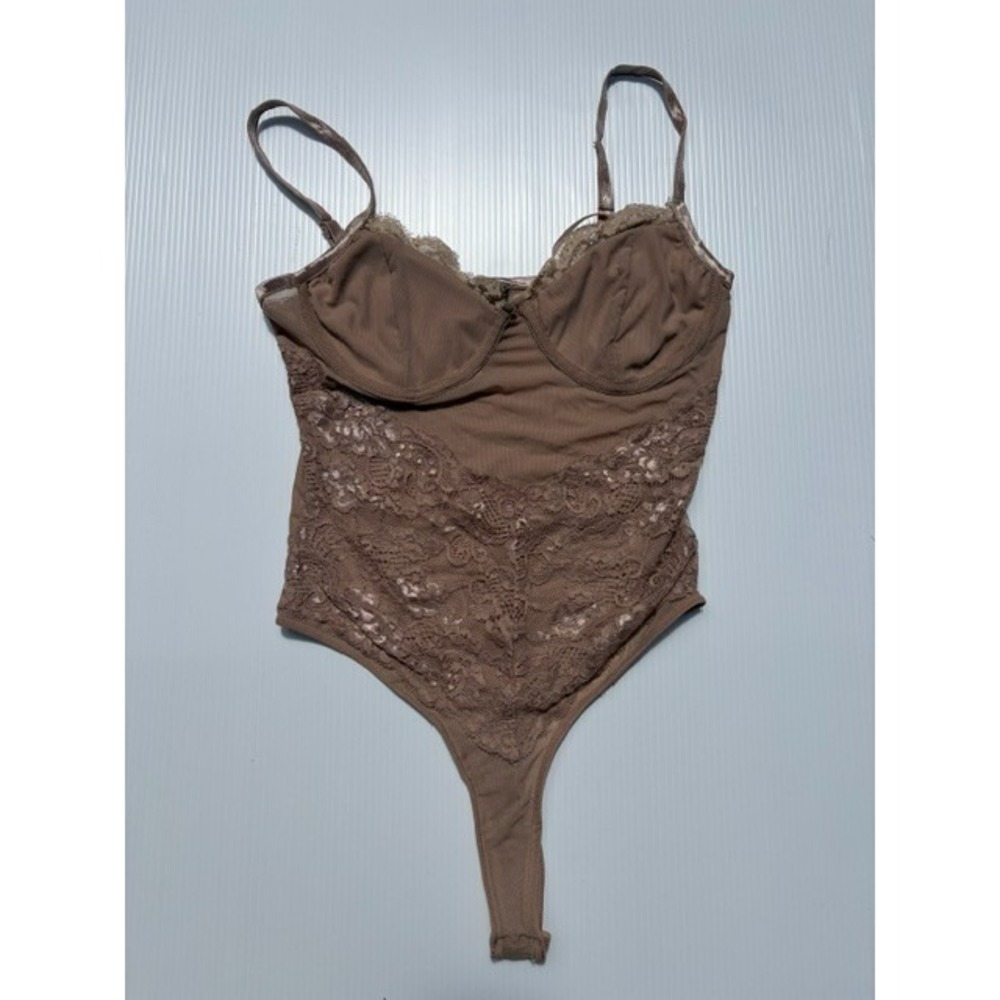 Forever 21 Bodysuit Women's Small Mocha Brown Lace Trim Corset Style Festival